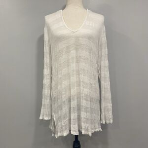 SPLENDID L White Beach Swim Cover Up Hooded Tunic Stripe Sheer Lagenlook Knit*